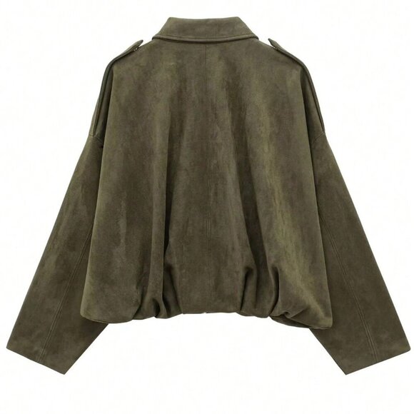 Army Green Casual Women's Loose Long Sleeves Zip up Bomber Coat Jacket - Picture 6 of 6